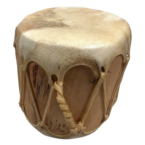 Vintage Native American Handmade Drum Wood Core Raw Animal Hide Pads & Stitching - Picture 2 of 9